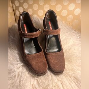 Prada Women's Chocolate Brown Suede Mary Jane Platform Wedge Heels Sz 38